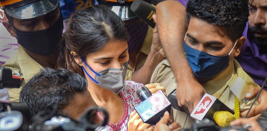  Bollywood actress Rhea Chakraborty outside NCB office after being summoned for questioning in connection with the death by suicide case of late actor Sushant Singh Rajput, at Ballard Estate in Mumbai. Credit: PTI Photo