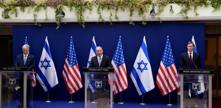 U.S. National Security Advisor Robert O'Brien, Israeli Prime Minister Benjamin Netanyahu and Senior U.S. Presidential Adviser Jared Kushner make joint statements about the Israeli-United Arab Emirates peace accords in Jerusalem. Credit: Reuters Photo