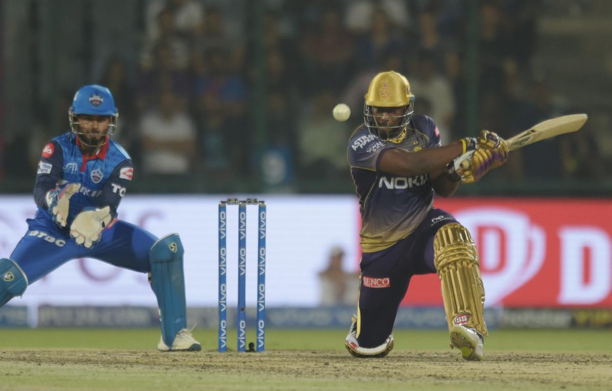 KKR batsman Andre Russell plays a shot during the Indian Premier League 2019 (IPL T20) cricket match between Delhi Capital (DC) and Kolkata Knight Riders (KKR) at Feroz Shah Kotla Stadium, New Delhi on Saturday. PTI photo