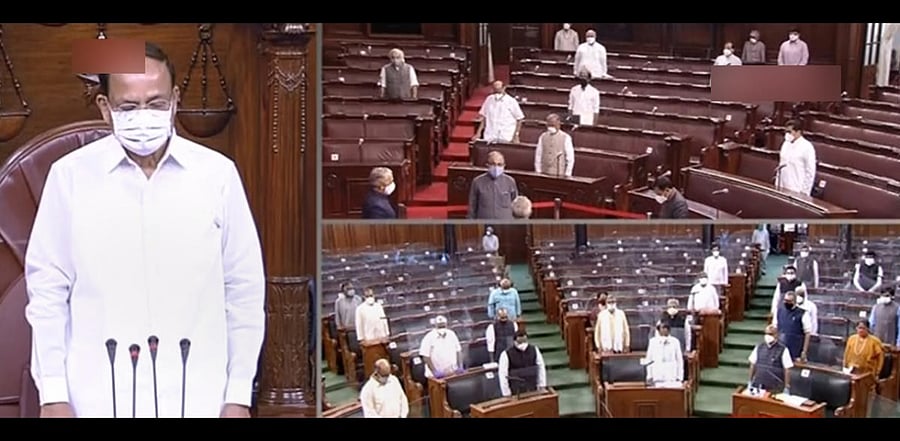 Parliamentarians observe silence during an obituary reference. Credit: PTI