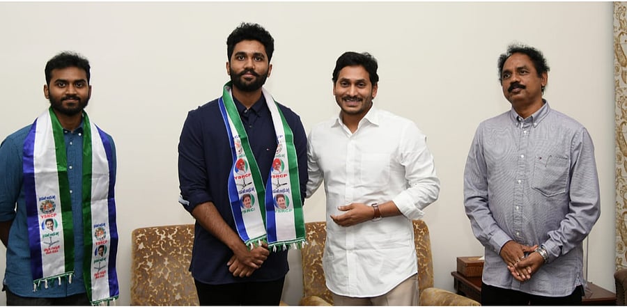 Visakhapatnam (South) MLA Vasupalli Ganesh Kumar (extreme right) along with sons Vasupalli Saket and Vasupalli Surya met YSRCP president and Chief Minister Jaganmohan Reddy at the CM's camp-office in Tadepalli on Saturday.