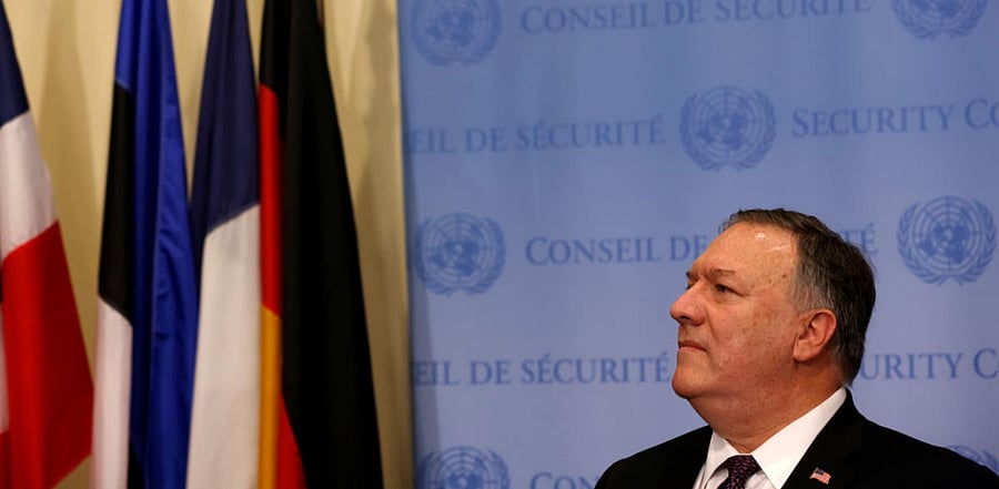 US Secretary of State Mike Pompeo speaks to reporters following a meeting with members of the UN Security Council about Iran's alleged non-compliance with a nuclear deal and calling for the restoration of sanctions against Iran at UN headquarters in New York. Credit: Reuters