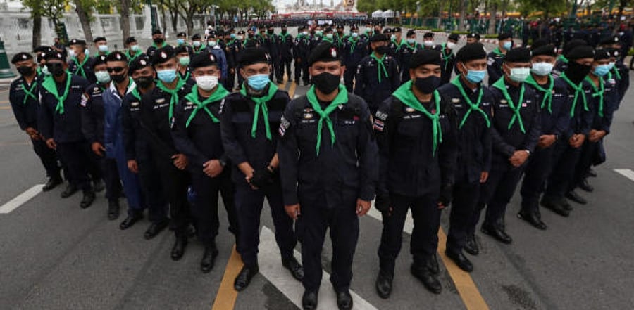 Police secure the area surrounding the Grand Palace during a mass rally to call for the ouster of Prime Minister Prayuth Chan-ocha's government and reforms in the monarchy in Bangkok, Thailand. Credit: Reuters Photo