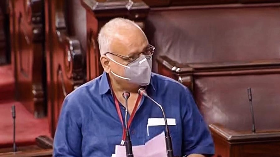 Loktantrik Janata Dal (LJD) leader MV Shreyams Kumar takes oath as a Rajya Sabha member during the opening day of Monsoon Session of Parliament. Credit: PTI.