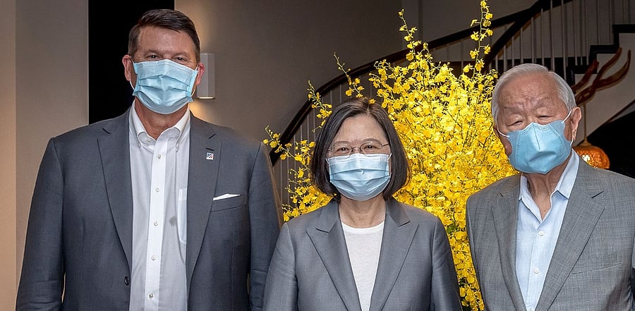 Taiwan's President Tsai Ing-wen (C) posing for photographs with Keith Krach (L), US Under Secretary of State for Economic Growth, Energy and the Environment, and Morris Chang, founder of Taiwan Semiconductor Manufacturing Company (TSMC). Credit: AFP