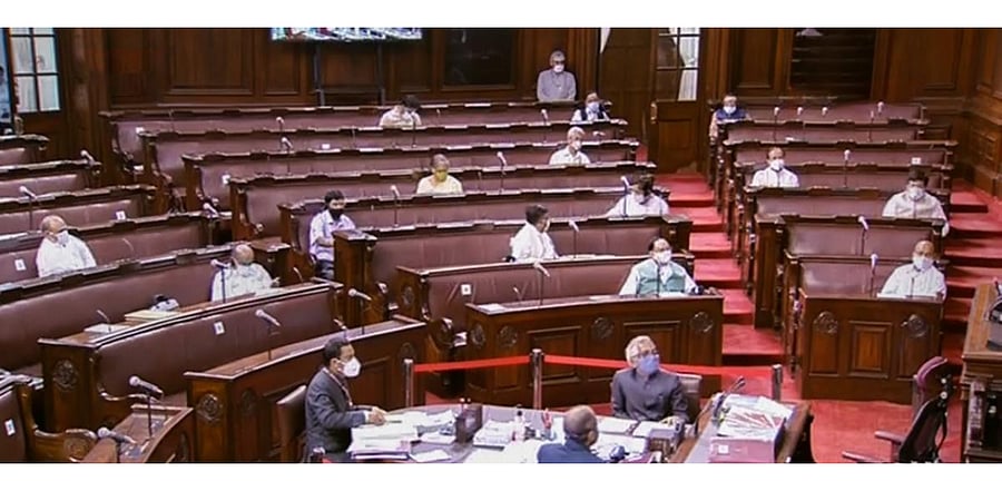 Parliamentarians in Rajya Sabha during the ongoing Monsoon Session of Parliament, in New Delhi, Wednesday, Sept. 23, 2020. Credit: PTI Photo