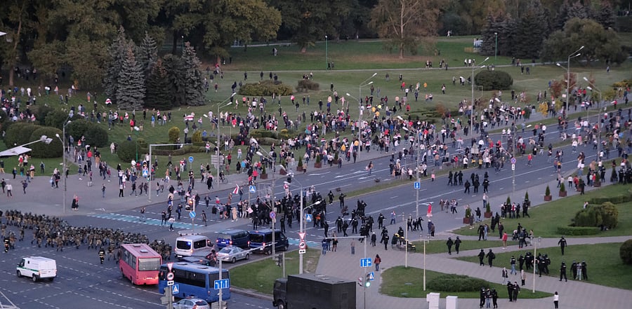 Belarusian law enforcement members and protesters are seen during a rally against the inauguration of President Alexander Lukashenko in Minsk. Credit: Reuters Photo
