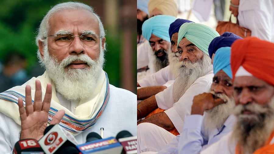 (L) Prime Minister Narendra Modi. Credits: PTI Photo (R) Farmers are seen protesting against Farm Bills. Credits: PTI Photo