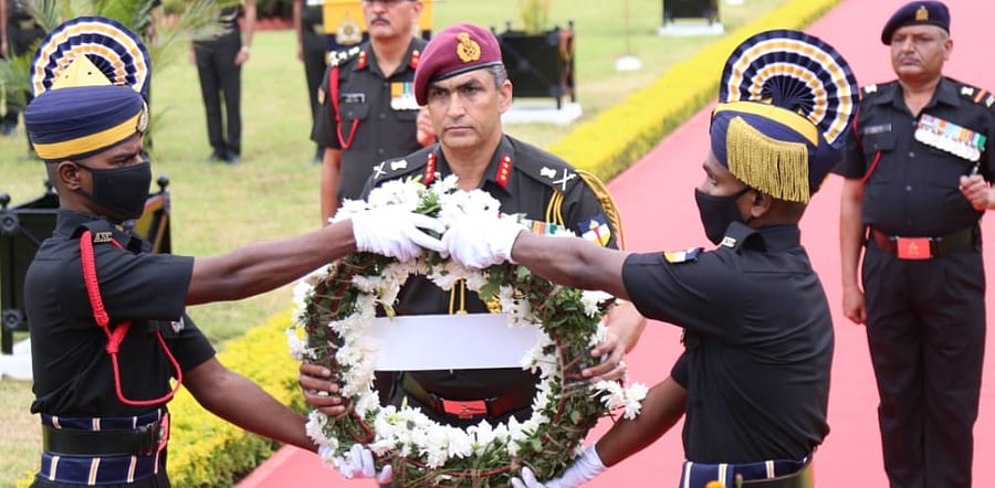 Lt-General Basant Kumar Repswal, Commandant ASC Centre and College placed a wreath at the Animal War Memorial at the ASC Centre and College. Credit: Indian Army