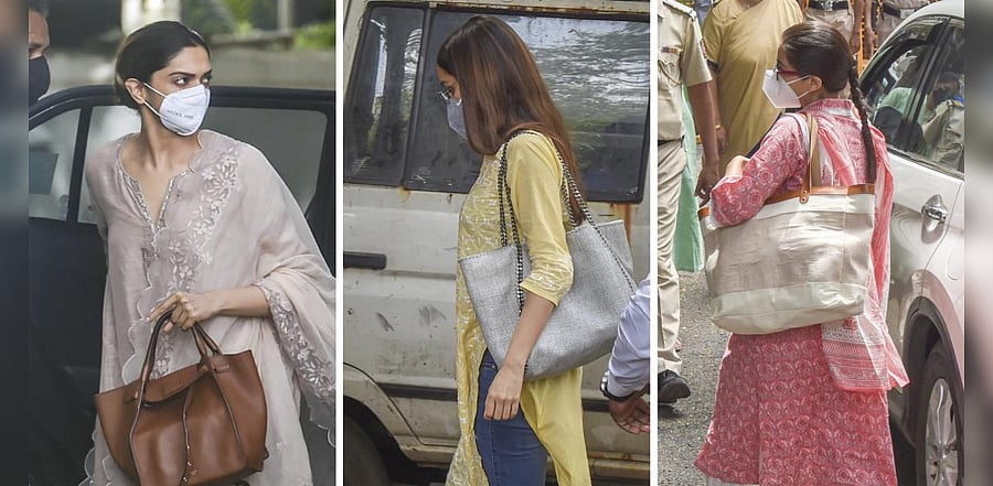 In this combo image, is seen Bollywood actresses Deepika Padukone, Shraddha Kapoor and Sara Ali Khan at the NCB office for questioning in a drug probe related to late actor Sushant Singh Rajput's death, in Mumbai, Saturday, Sept. 26, 2020. Credit: PTI Photo