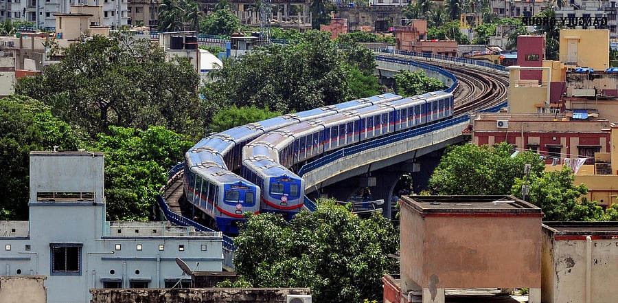 Metro trains run on tracks after Kolkata Metro resumed operations in a graded manner. Credits: PTI Photo