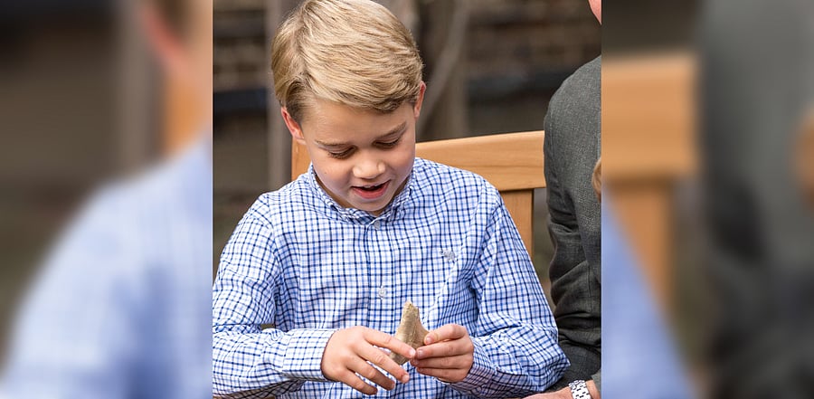 Britain's George holds the tooth of a giant shark given to him by Sir David Attenborough in the gardens of Kensington Palace in London after The Duke and Sir David attended an outdoor screening of Sir David's upcoming feature film. Credit: AFP Photo