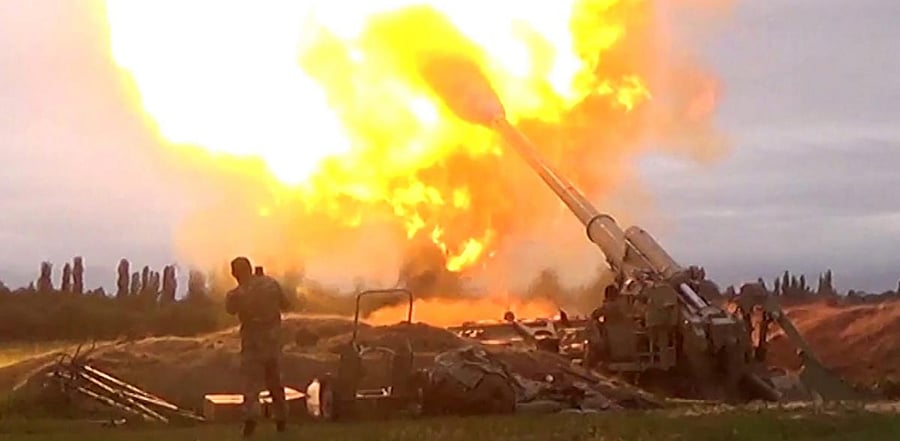 Azeri artillery strike towards the positions of Armenian separatists in the breakaway region of Nagorno-Karabakh. Credit: AFP