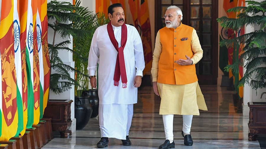 Prime Minister Narendra Modi and the Sri Lankan Prime Minister Mahinda Rajapaksa at Hyderabad House, in New Delhi. Credit: PTI