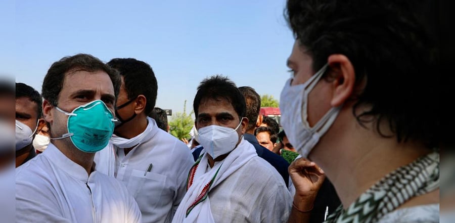 Congress leaders Rahul Gandhi (L) , K C Venugopal (R) and Priyanka Gandhi Vadra were detained by UP Police. Credit: Twitter/INCIndia