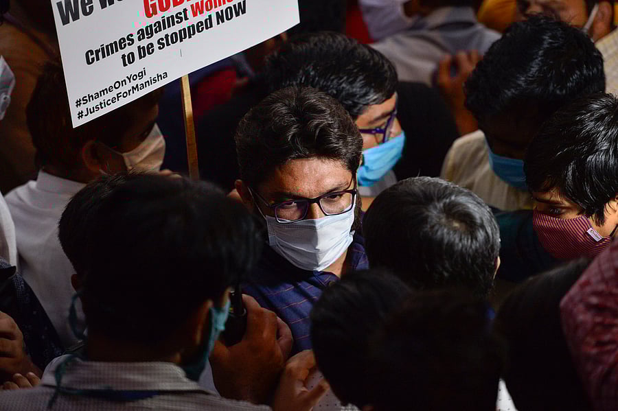 Independent MLA Jignesh Mevani during a protest against the alleged gang-rape of a 19-year-old Dalit woman in Uttar Pradesh’s Hathras, at Jantar Mantar in New Delhi, Friday, Oct. 2, 2020. Credit: PTI Photo