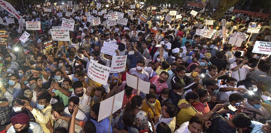Members of various organizations during a protest against the death of a 19-year-old Dalit woman who was allegedly gang-raped in Hathras, at Jantar Mantar in New Delhi, Friday, Oct. 2, 2020. Credit: PTI Photo