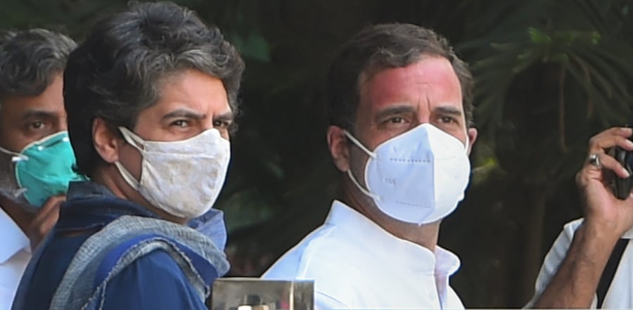 New Delhi: Congress leaders Rahul Gandhi and Priyanka Gandhi Vadra before leaving for Hathras to meet the family members of a 19-year-old Dalit woman who died after allegedly being gang-raped two weeks ago, in New Delhi, Saturday, Oct. 3, 2020. Credit: PTI Photo
