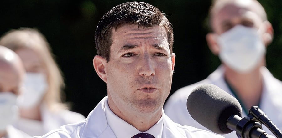 US Navy Commander Dr Sean Conley, the White House physician, talks to reporters about US President Donald Trump's health. Credit: Reuters Photo
