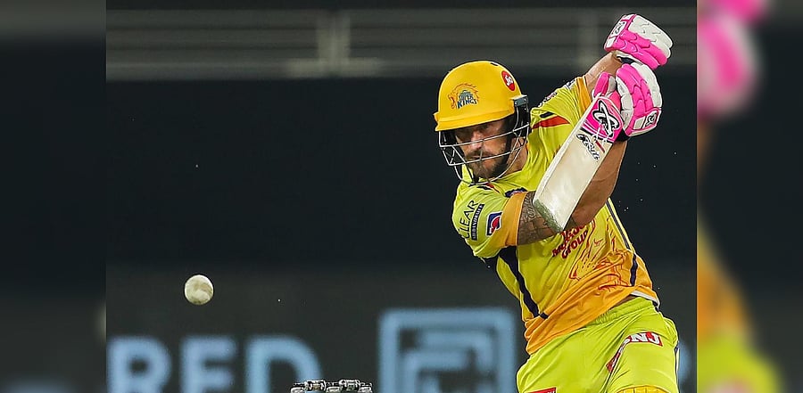 Chennai Super Kings player Faf du Plessis plays a shot during IPL 2020 cricket match against Kings XI Punjab, at Sharjah Cricket Stadium in Sharjah, United Arab Emirates, Sunday, Oct. 4, 2020. Credit: PTI Photo