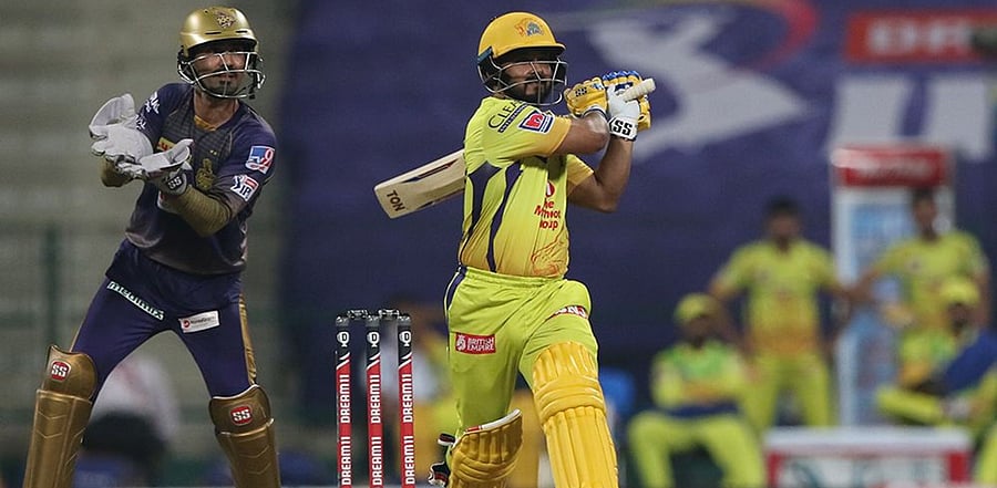 Kedar Jadhav of Chennai Super kings plays a shot agaisnt Kolkata Knight Riders at the Sheikh Zayed Stadium, Abu Dhabi. Credit: IPL Official Website