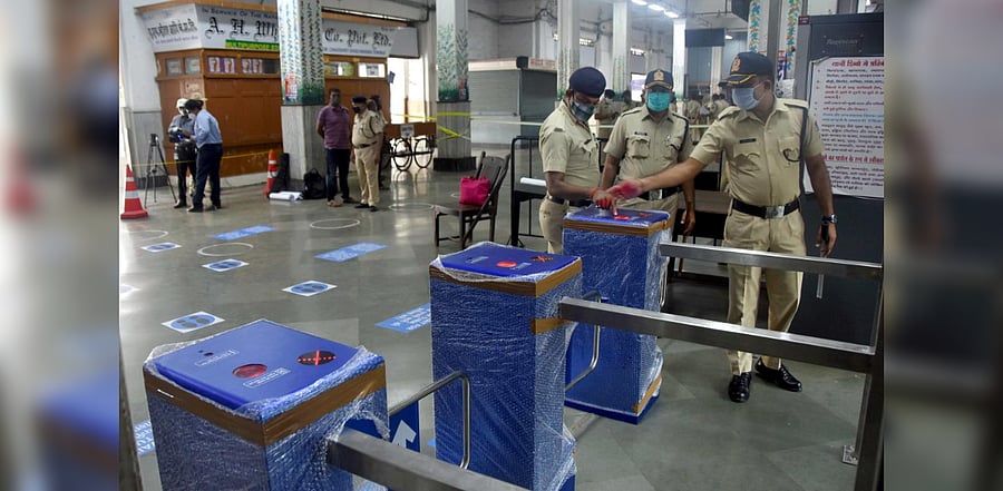 Central Railway (CR) installation automated gates at Chhatrapati Shivaji Maharaj Terminus (CSMT), for access to the concourse and platform area for long-distance train passengers, in Mumbai, Thursday, Oct 08, 2020. Credit: PTI Photo