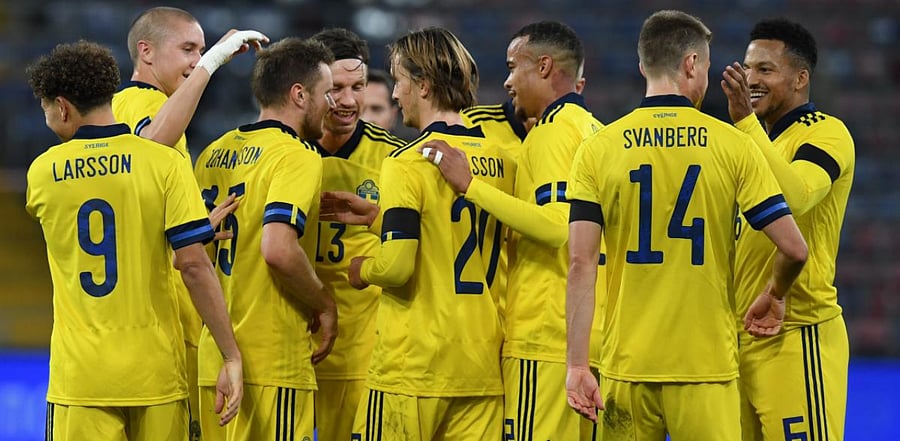 Sweden's defender Mattias Johansson (C) celebrates with teammates after scoring a goal during the international friendly football match Russia v Sweden in Moscow. Credit: AFP Photo