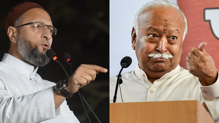 AIMIM leader Asaduddin Owais. Credits: DH Photo. Rashtriya Swayamsevak Sangh (RSS) chief Mohan Bhagwat. Credits: PTI Photo