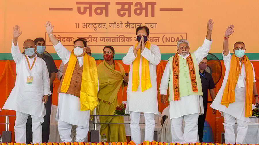BJP National President JP Nadda addresses first election rally at Gandhi Maidan, in Gaya. Credits: PTI Photo
