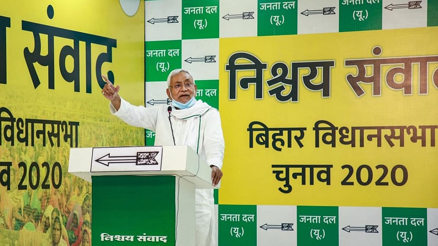 Bihar Chief Minister Nitish Kumar addresses a virtual election meeting for the upcoming Bihar assembly elections, in Patna. Credit: PTI.