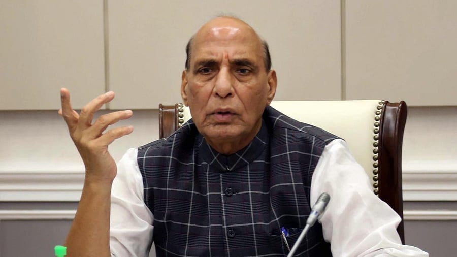Defence Mnister Rajnath Singh speaks during dedication of 44 major permanent bridges to the Nation. The Foundation Stone for Nechiphu Tunnel was also laid on this occasion in Arunachal Pradesh. Credit: PTI/Twitter/RajnathSingh.