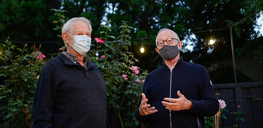 Professors Robert B. Wilson and Paul R. Milgrom of Stanford University discuss winning the 2020 Nobel Prize for Economics, in Stanford, California, U.S. October 12, 2020. Credit: Reuters Photo