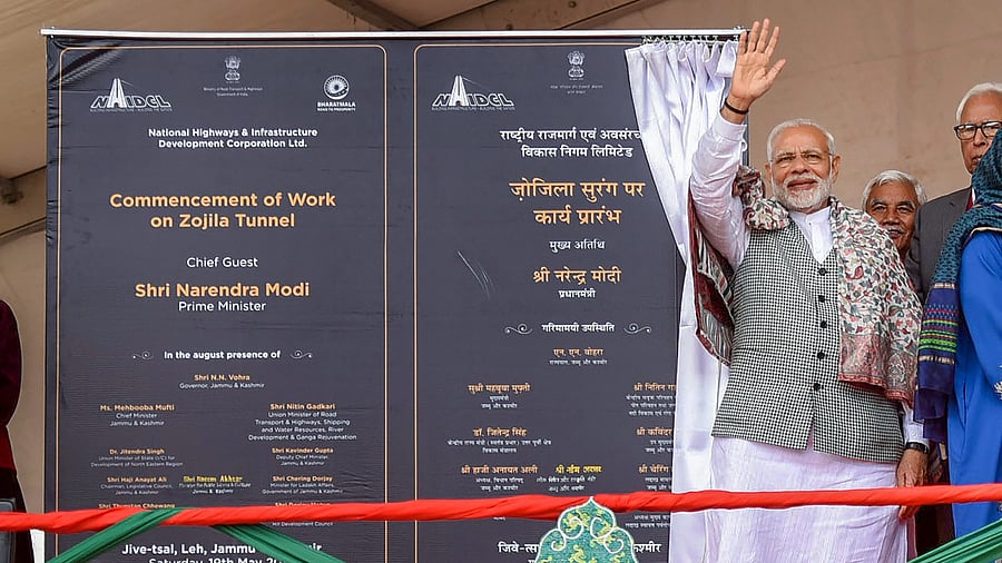 Prime Minister Narendra Modi at an event to mark the commencement of work on Zojila Tunnel. Credits: PTI Photo