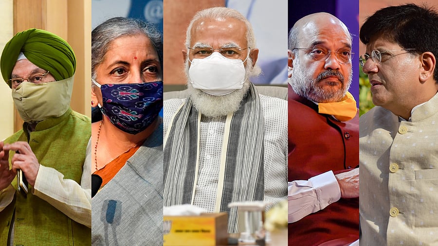 (From L to R) Union Minister for Housing and Urban Affairs Hardeep Singh Puri, Finance Minister Nirmala Sitharaman, Prime Minister Narendra Modi, Home Minister Amit Shah and Union Minister for Railways Piyush Goyal. Credits: PTI Photo