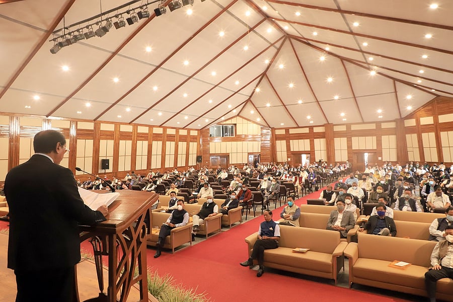 Nagaland CM Neiphiu Rio addressing the consultative meeting on Naga talks at the State Banquet Hall at Kohima on Thursday. Credit: Nagaland government