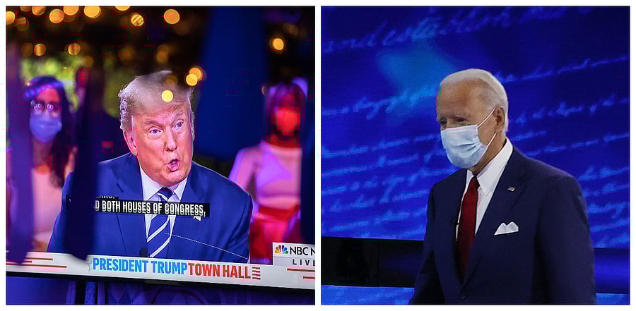 Donald Trump and Joe Biden at competing town halls. Credit: Getty Images