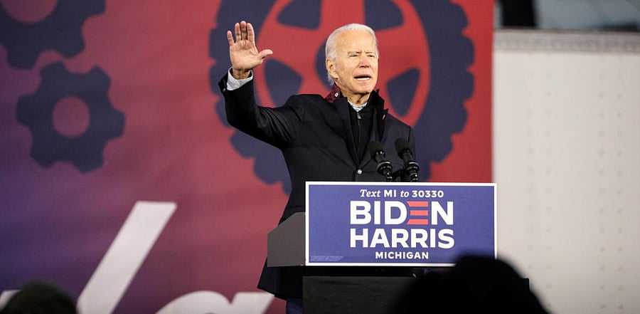 US Democratic presidential candidate Joe Biden speaks during a voter mobilization event at the Michigan State Fairgrounds in Novi, Michigan. Credit: Reuters Photo