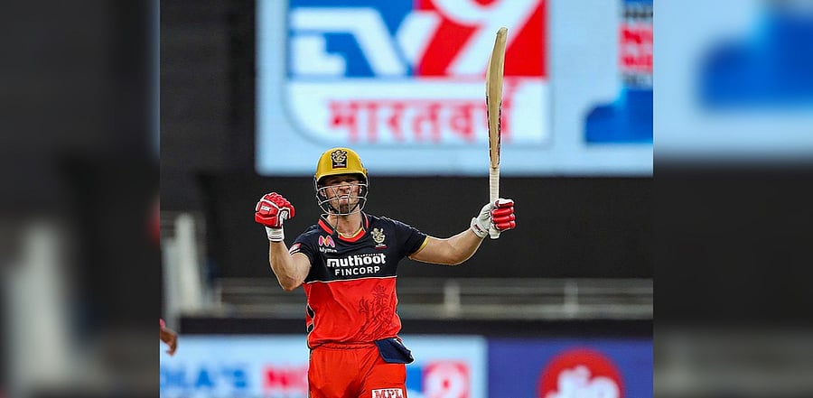 AB de Villiers of Royal Challengers Bangalore celebrates after defeating Rajasthan Royals by 7 wickets during Indian Premier League (IPL) T20 cricket match, at the Dubai International Cricket Stadium in Dubai, Saturday, Oct. 17, 2020. Credit: PTI Photo/Sportzpics for BCCI