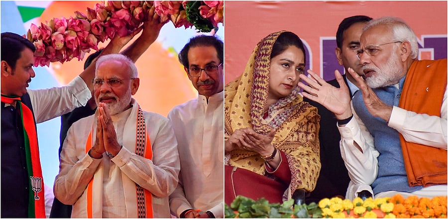 [L] - Prime Minister Narendra Modi being garlanded Shiv Sena Chief Uddhav Thackeray and former Chief Minister of Maharashtra Devendra Fadnavis. [R] - Prime Minister Narendra Modi with SAD leader Harsimrat Kaur Badal. Credit: AFP/PTI