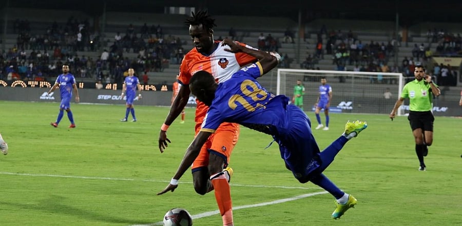 Mourtada Fall of FC Goa and Modou Sougou of Mumbai City FC in action during the first leg of the second semi final of the Hero Indian Super League 2018. Credit: Vipin Pawar/File photo.