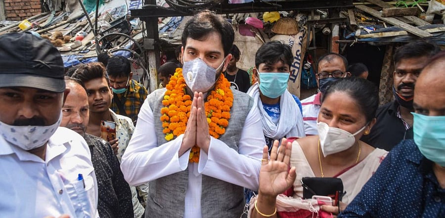 Congress Bankipur candidate and Bollywood actor Shatrughan Sinha's son, Luv Sinha, during door to door election campaign ahead of Bihar assembly polls, in Patna. Credit: PTI