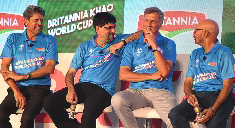 1983 World Cup winning team members Kapil Dev, K Srikkanth, Roger Binny and Syed Kirmani (from left) share an anecdote from their triumphant campaign in this file photo. DH Photo/ Srikanta Sharma R