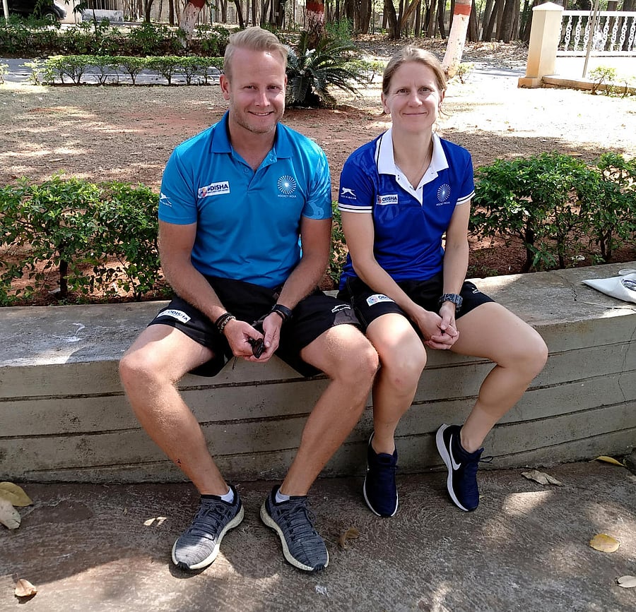 Indian women's hockey head coach Sjoerd Marijne (left) with the newly appointed analytical coach Janneke Schopman at the SAI campus in Bengaluru on Tuesday. DH PHOTO/VIVEK MV