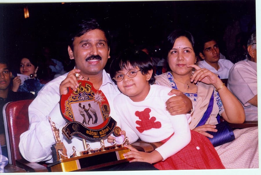 Ramesh Aravind with wife Archana and daughter Niharika at the one-year celebration of Kannada classic 'America America'. 