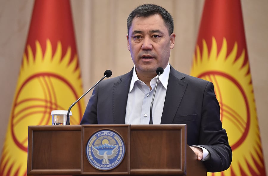 Kyrgyzstan's recently-appointed Prime Minister Sadyr Japarov addresses the Kyrgyz Parliament at Ala-Archa state residence in Bishkek on October 16, 2020. - Kyrgyzstan's former and acting presidents on October 16, 2020, addressed parliament to end a political crisis over a disputed October vote, which electoral authorities said could be repeated before the end of the year. Credit: AFP