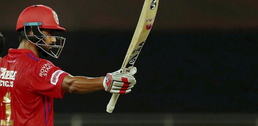 Kings XI Punjab skipper KL Rahul after scoring a century during IPL 2020 cricket match against Royal Challengers Bangalore, at Dubai International Cricket Stadium in Abu Dhabi. Credit: PTI Photo