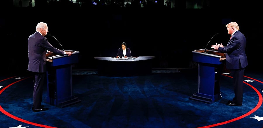 President Donald Trump and Democratic presidential candidate former Vice President Joe Biden participate in the final presidential debate. Credit: AP Photo
