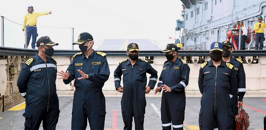 Admiral Karambir Singh (2nd L), the Chief of the Naval Staff (CNS), while reviewing the operational preparedness and combat-readiness of the Indian Navy’s principal combatants. Credit: PTI Photo