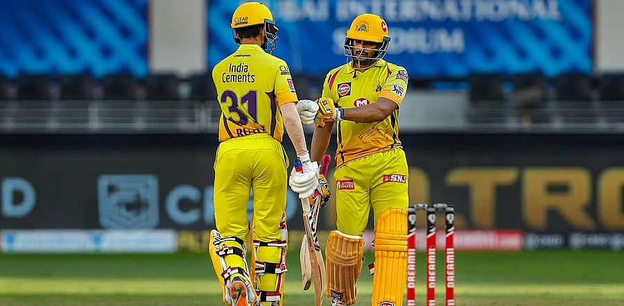 Ambati Rayudu and Ruturaj Gaikwad of Chennai Superkings during the Indian Premier League (IPL) match between the Royal Challengers Bangalore and the Chennai Super Kings, at the Dubai International Cricket Stadium in Dubai. Credit: PTI