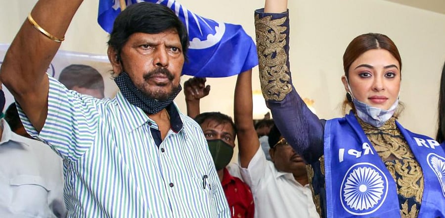 Actress Payal Ghosh with Union Minister and RPI chief Ramdas Athawale at a press conference after she joined the Republican Party of India (RPI) as vice president of its women's wing, in Mumbai, Monday, Oct. 26, 2020. Credit: PTI Photo